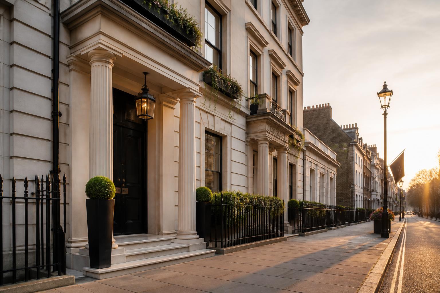 Luxury Mayfair London townhouse at golden hour